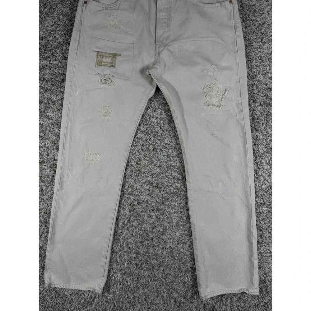 Levi's 501 Distressed Patchwork Denim Light Gray Jeans Men's Size 34x32